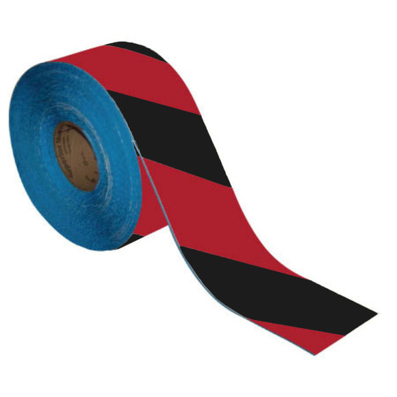 Floor Marking Tape, 4'' x 100' , Black/Red Hazard Stripe