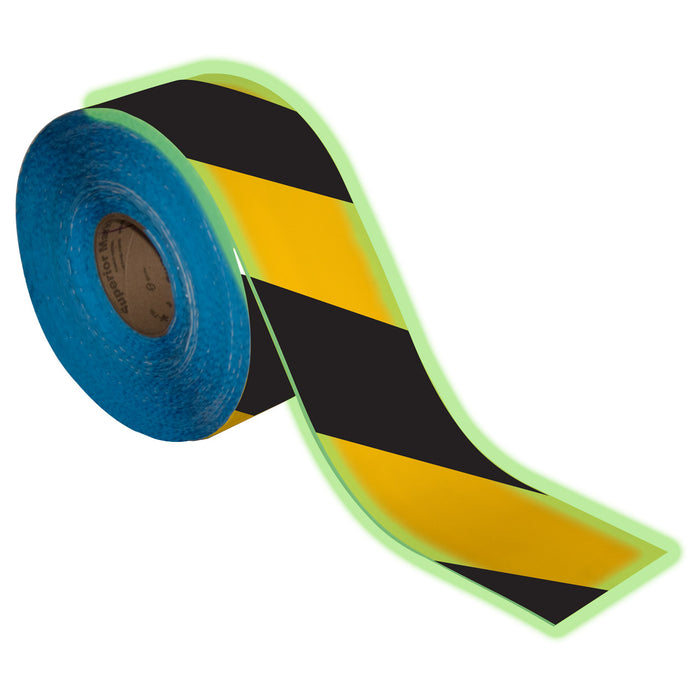 Floor Marking Tape, GLOW Black/Yellow Glow Hazard Stripe