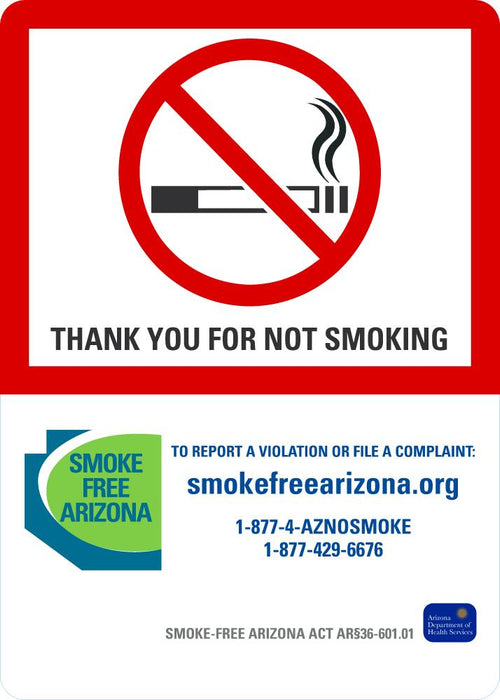 Thank You For Not Smoking (Smoke Free Arizona) Sign