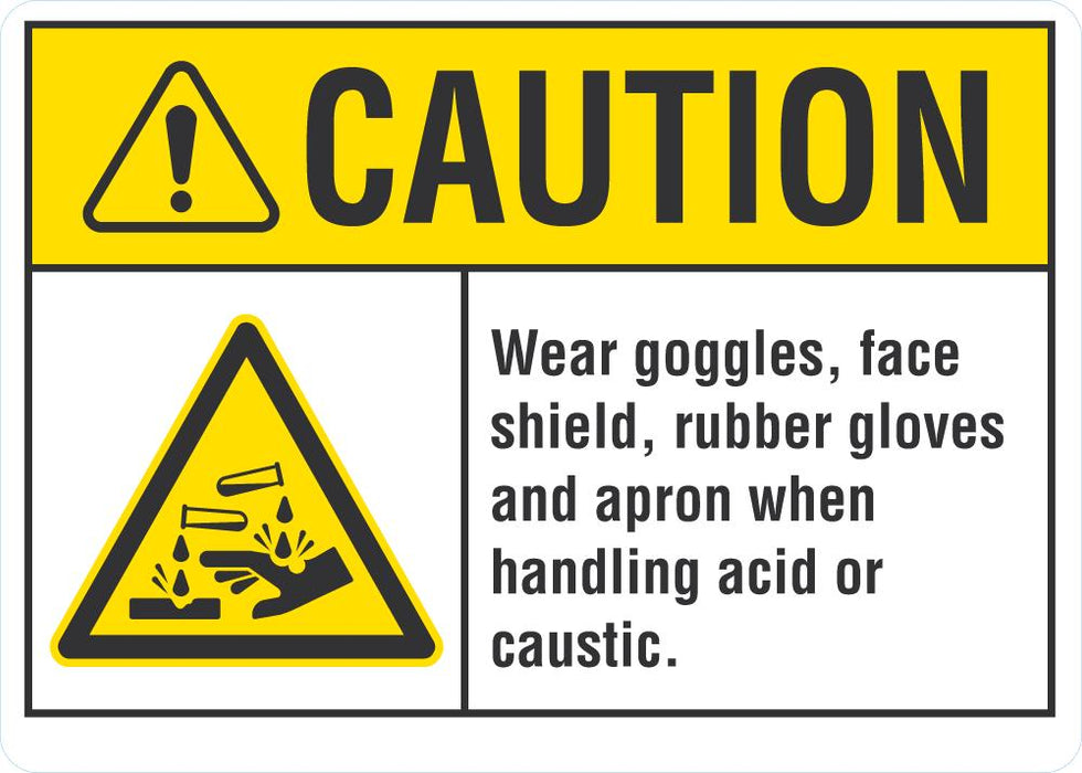 CAUTION Wear Googles, Face Shield, Rubber Gloves And Apron When Handling Acid Sign