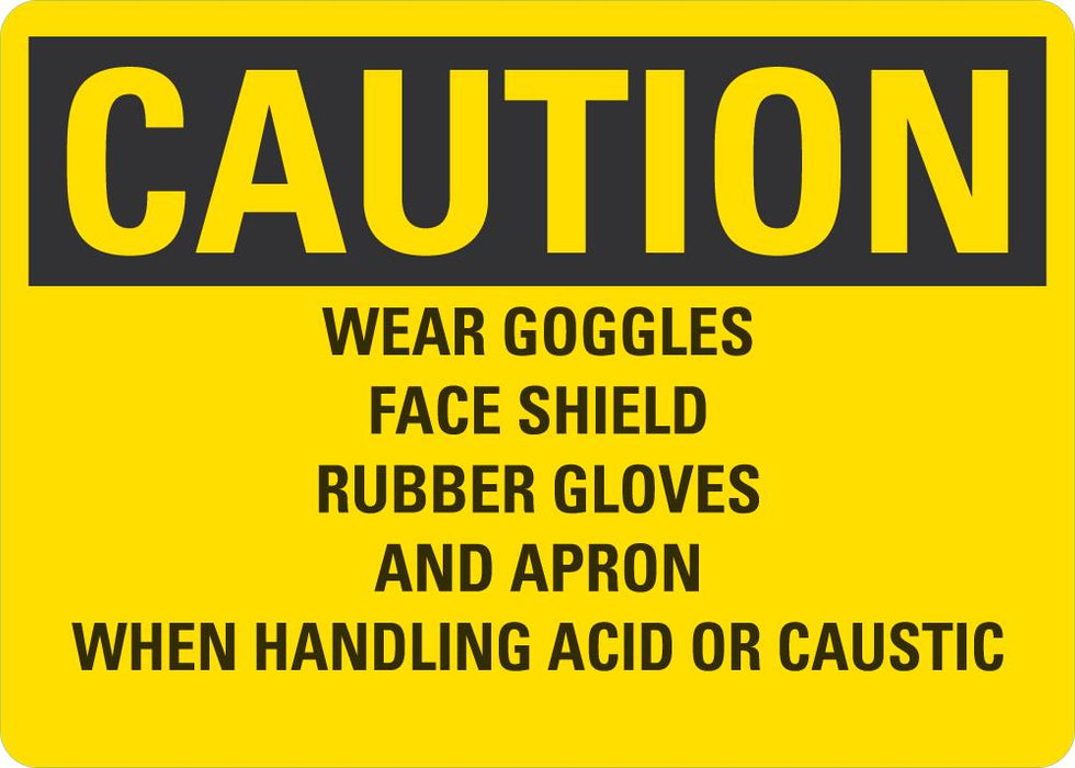 CAUTION Wear Goggles, Face Shields, Rubber Gloves And Apron When Handling Acid Or Caustic Sign