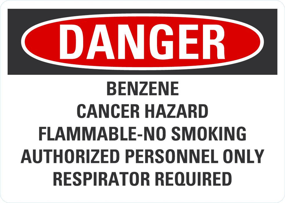 DANGER Benzene, Cancer Hazard, Flammable, No Smoking Sign