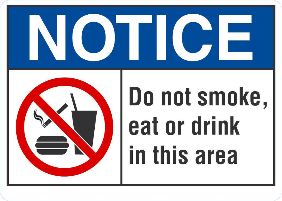 NOTICE Do Not Smoke, Eat Or Drink In This Area Sign